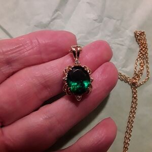 Elegant Goldtone and Faux Emerald And Faux Diamond  Pendant Necklace